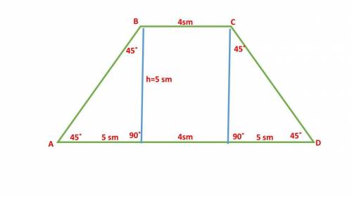 Дано трапеція висота 5 см, менша основа 4 см, гострий кут 45 градусів знайти площу трапеції