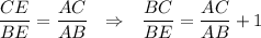 \dfrac{CE}{BE}=\dfrac{AC}{AB}~~\Rightarrow~~\dfrac{BC}{BE}=\dfrac{AC}{AB}+1