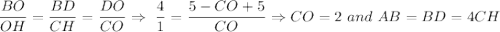 \dfrac{BO}{OH}=\dfrac{BD}{CH}=\dfrac{DO}{CO}\Rightarrow~\dfrac{4}{1}=\dfrac{5-CO+5}{CO}\Rightarrow CO=2~ and~ AB=BD=4CH