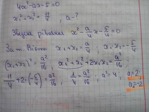 Сума квадратів коренів рівняння 4х2-ах-5=0 дорівнює 11/4.Знайдіть значення а.