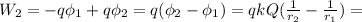 W_2=-q\phi_1+q\phi_2=q(\phi_2-\phi_1)=qkQ(\frac{1}{r_2}-\frac{1}{r_1} )=