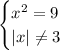 \displaystyle \begin{equation*} \begin{cases} x^2=9\\ |x| \ne 3 \end{cases}\end{equation*}