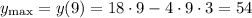 y_{\max} = y(9) = 18 \cdot 9 - 4 \cdot 9 \cdot 3 = 54