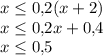 x\leq 0{,}2(x+2)\\x\leq 0{,}2x+0{,}4\\x\leq 0{,}5