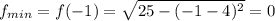 f_{min} = f(-1) = \sqrt{25 - (-1-4)^2} = 0