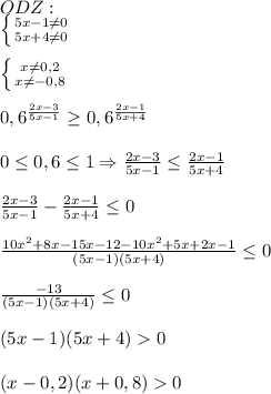 ODZ:\\\left \{ {{5x-1\neq0 } \atop {5x+4\neq0 }} \right.\\\\\left \{ {{x\neq0,2 } \atop {x\neq-0,8 }} \right.\\\\0,6^{\frac{2x-3}{5x-1} }\geq 0,6^{\frac{2x-1}{5x+4} } \\\\0\leq 0,6\leq1\Rightarrow \frac{2x-3}{5x-1}\leq\frac{2x-1}{5x+4}\\\\\frac{2x-3}{5x-1}-\frac{2x-1}{5x+4} \leq 0\\\\\frac{10x^{2}+8x-15x-12-10x^{2}+5x+2x-1 }{(5x-1)(5x+4)}\leq0\\\\\frac{-13}{(5x-1)(5x+4)}\leq0\\\\(5x-1)(5x+4)0\\\\(x-0,2)(x+0,8)0