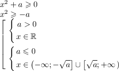 x^2+a\geqslant 0\\x^2 \geqslant -a\\\left[\begin{aligned}&\left\{\begin{aligned}a0\\x \in \mathbb{R}\\\end{aligned}\right.\\&\left\{\begin{aligned}&a \leqslant 0\\&x \in \left(-\infty; -\sqrt a \right] \cup \left[ \sqrt a; +\infty \left)\\\end{aligned}\right.\end{aligned}\right.