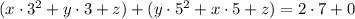 (x \cdot 3^2 + y \cdot 3 + z) +( y \cdot 5^2 + x \cdot 5 + z) = 2 \cdot 7 + 0