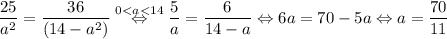 \dfrac{25}{a^2}=\dfrac{36}{(14-a^2)}\overset{0