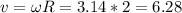 \displaystyle v=\omega R=3.14*2=6.28