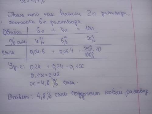 В сосуде было 8 литров 4%-го раствора соли. Из сосуда вылили 2 литра раствора и добавили 4 литра 6%-