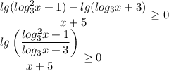 \dfrac{lg(log_3^2x+1)-lg(log_3x+3)}{x+5}\ge0\\\dfrac{lg\left(\dfrac{log_3^2x+1}{log_3x+3}\right)}{x+5}\ge0