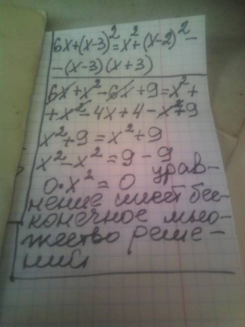 6*x + (x - 3)^2 = x^2 + (x - 2)^2 - (x - 3)*(x + 3) Решите подробно уравнение