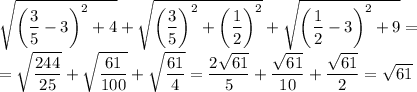 \sqrt{\left(\dfrac{3}{5}-3\right)^2+4}+\sqrt{\left(\dfrac{3}{5}\right)^2+\left(\dfrac{1}{2}\right)^2}+\sqrt{\left(\dfrac{1}{2}-3\right)^2+9}=\\=\sqrt{\dfrac{244}{25}}+\sqrt{\dfrac{61}{100}}+\sqrt{\dfrac{61}{4}}=\dfrac{2\sqrt{61}}{5}+\dfrac{\sqrt{61}}{10}+\dfrac{\sqrt{61}}{2}=\sqrt{61}