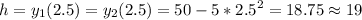 \displaystyle h=y_1(2.5)=y_2(2.5)=50-5*2.5^2=18.75\approx19