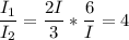 \displaystyle \frac{I_1}{I_2}=\frac{2I}{3}*\frac{6}{I}=4