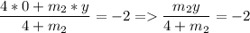 \displaystyle \frac{4*0+m_2*y}{4+m_2}=-2=\frac{m_2y}{4+m_2}=-2