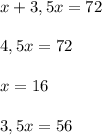 x+3,5x=72\\\\4,5x=72\\\\x=16\\\\3,5x=56