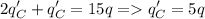 \displaystyle 2q_C'+q_C'=15q=q_C'=5q