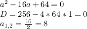 a^2-16a+64=0\\ D=256-4*64*1=0 \\a_{1,2}=\frac{16}{2}=8