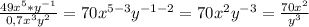 \frac{49x^{5}*y^{-1}}{0,7x^{3}y^{2}}=70x^{5-3}y^{-1-2}=70x^{2}y^{-3}=\frac{70x^{2}}{y^{3}}