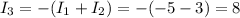 \displaystyle I_3=-(I_1+I_2)=-(-5-3)=8