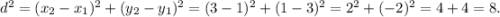 d^2=(x_2-x_1)^2+(y_2-y_1)^2=(3-1)^2+(1-3)^2=2^2+(-2)^2=4+4=8.