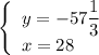 \left\{\begin{array}{l}y=-57\dfrac{1}{3}\\x=28\end{array}\right