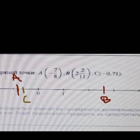 Отметьте обозначенные на координатной прямой точки A (- 7/8) B (2 2/11) C (-0,71).