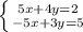 \left \{ {{5x+4y=2} \atop {-5x+3y=5}} \right.