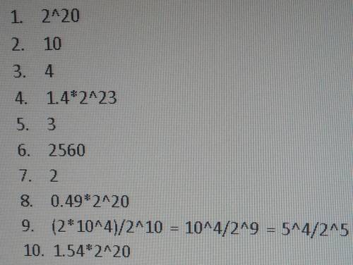 1. 1024 Мбайт это Кбайт. 2. 80 бит информации это байт3. 4096 Кбайт это Мбайт4. 1,4 Мбайт это бит.5.