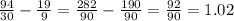 \frac{94}{30} - \frac{19}{9} = \frac{282}{90} - \frac{190}{90} = \frac{92}{90} = 1.02