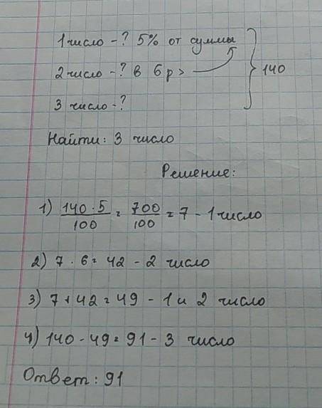 Сумма 3 чисел равна 140. Первое число оставляет 5% этой суммы, второе число в 6 раз больше первого н