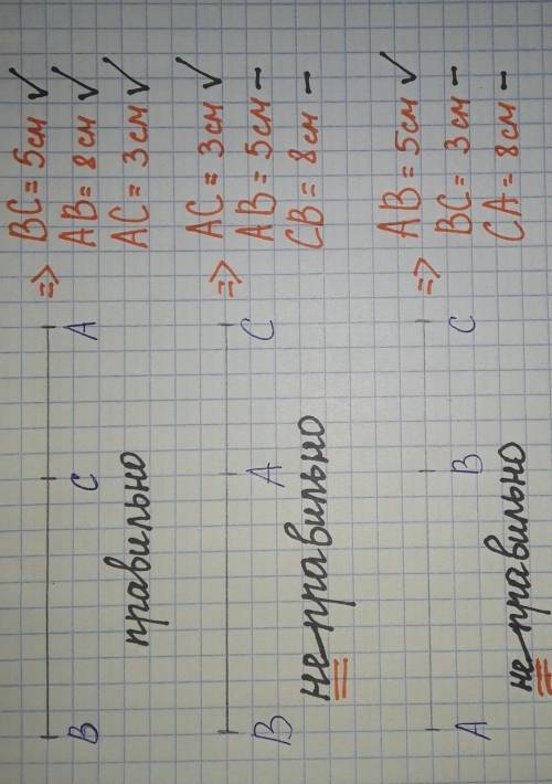 Какая из трех точек A, B, C прямой лежит между двумя другими, если AB=8 см, BC=5 см, AC=3 см