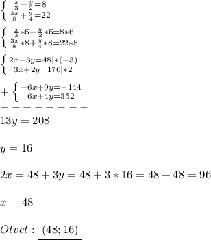 \left \{ {{\frac{x}{3}-\frac{y}{2}=8} \atop {\frac{3x}{8}+\frac{y}{4}=22}} \right.\\\\\left \{ {{\frac{x}{3}*6-\frac{y}{2}*6=8*6} \atop {\frac{3x}{8}*8+\frac{y}{4}*8=22*8}} \right.\\\\\left \{ {{2x-3y=48}|*(-3) \atop {3x+2y=176}|*2} \right.\\\\+\left \{ {{-6x+9y=-144} \atop {6x+4y=352}} \right.\\ --------\\13y=208\\\\y=16\\\\2x=48+3y=48+3*16=48+48=96\\\\x=48\\\\Otvet:\boxed{(48;16)}