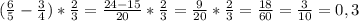 (\frac{6}{5}-\frac{3}{4})*\frac{2}{3}=\frac{24-15}{20}*\frac{2}{3}=\frac{9}{20}*\frac{2}{3}=\frac{18}{60}=\frac{3}{10}=0,3