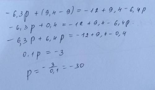 Вычисли корень уравнения: −6,3p+(9,4−9)=−12+9,4−6,4p.