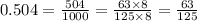 0.504 = \frac{504}{1000} = \frac{63 \times 8}{125 \times 8} = \frac{63}{125}