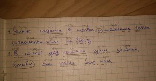 Выполнить синтаксический разбор следующих предложений: 1. Солнце садится в травы, и маяками горят си