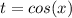 t = cos(x)