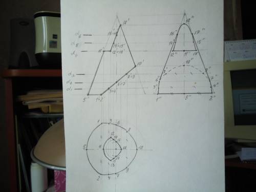 Построить три вида конуса, усеченного плоскостями и дополнительный вид