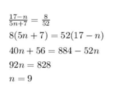 Укажи номер члена последовательности yn=17−n/5n+8, равного 11/38.