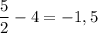 \dfrac{5}{2} - 4 = -1,5