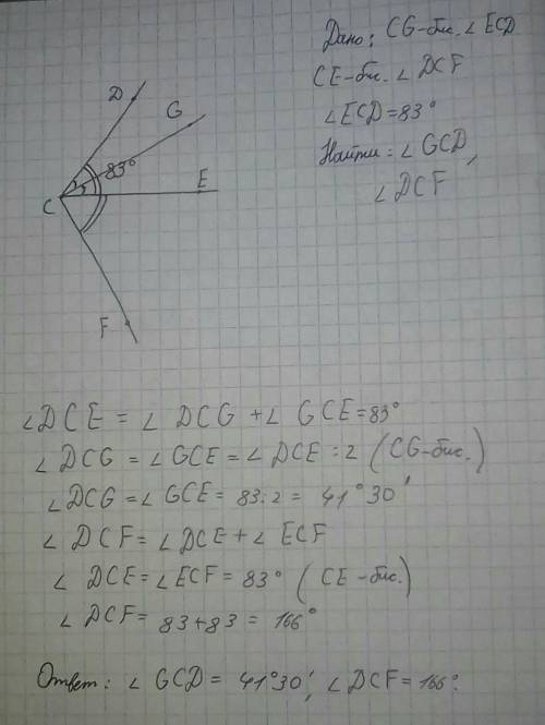 CG — биссектриса угла ECD, CE — биссектриса угла DCF. Вычисли углы GCD и DCF, если ∢ECD=83°.