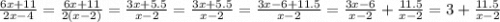 \frac{6x+11}{2x-4}= \frac{6x+11}{2(x-2)}=\frac{3x+5.5}{x-2}=\frac{3x+5.5}{x-2}= \frac{3x-6+11.5}{x-2}= \frac{3x-6}{x-2}+\frac{11.5}{x-2}=3+\frac{11.5}{x-2}