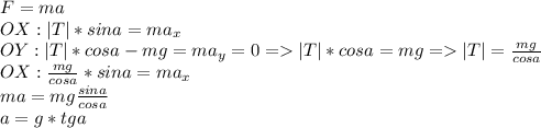 F=ma\\OX: |T|*sina=ma_x\\OY:|T|*cosa-mg=ma_y=0 =|T|*cosa=mg=|T|=\frac{mg}{cosa} \\OX: \frac{mg}{cosa}*sina=ma_x\\ma = mg\frac{sina}{cosa} \\a = g*tga