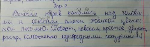 Синтаксический разбор предложения : Веночки трав качались над головами и осыпали плечи жёлтой цветоч