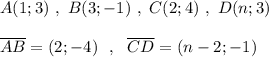 A(1;3)\ ,\ B(3;-1)\ ,\ C(2;4)\ ,\ D(n;3)\\\\\overline {AB}=(2;-4)\ \ ,\ \ \overline {CD}=(n-2;-1)