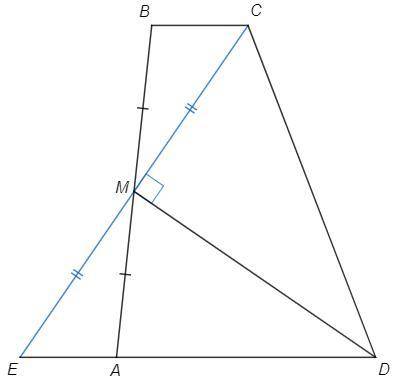На боковой стороне AB трапеции ABCD (AD∥BC) отмечена середина M. Известно, что AD+BC=CD, ∠BAD=57∘, ∠