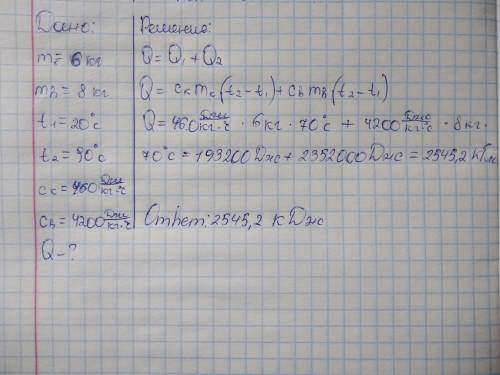 (РАСПИСАТЬ КАК ЗАДАЧИ ПО ФИЗИКЕ)железный котел массой 6 кг налита вода массой 8 кг. Какое количество